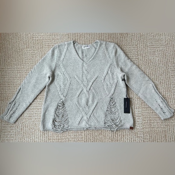 NWT One Teaspoon Nemesis Distressed Cable Knit Sweater in Grey Spirit - Large - Picture 2 of 16